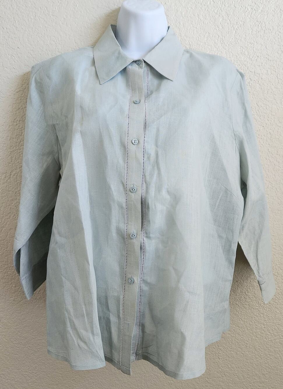 Old Navy Light Blue Green Button Up Collard Top XL Linen Lightweight 3/4 Sleeves